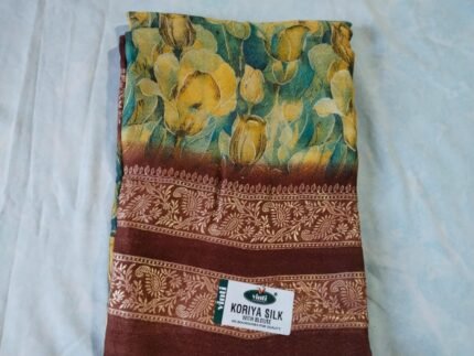 Yellow  and blue colour Koriya silk saree with blouse