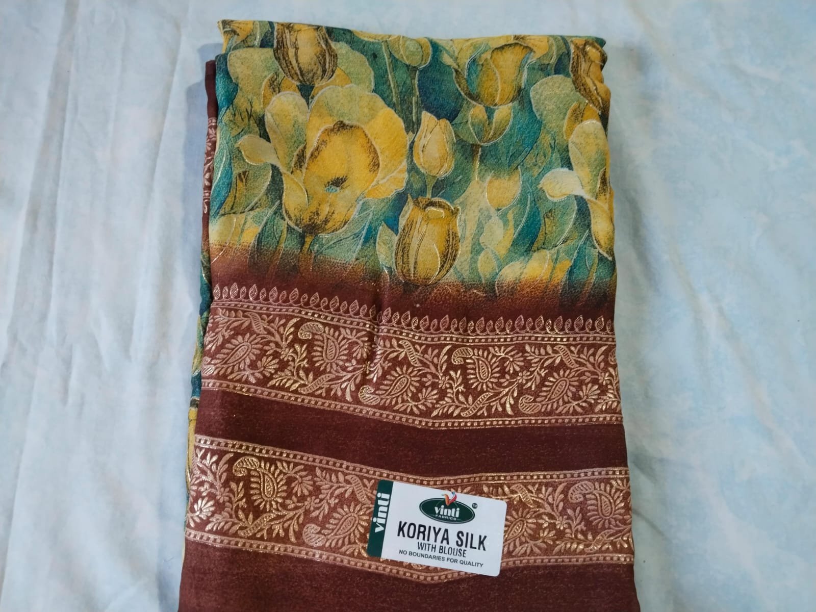 koriya 1 Yellow and blue colour Koriya silk saree with blouse - Image 1